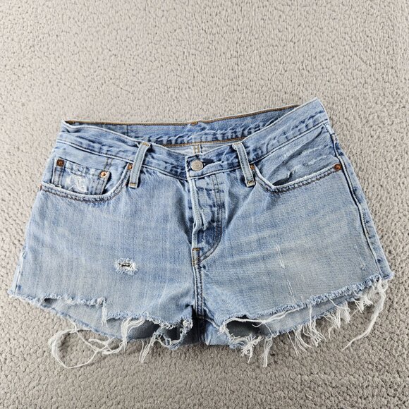 Levis 501 CT Shorts Womens 27 Blue Denim Distressed Mid Rise Button Fly Grunge - Picture 1 of 16